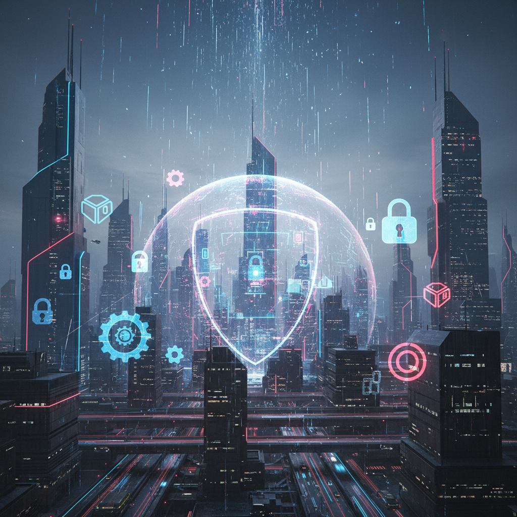 Fondo cyberpunk con siluetas de edificios futuristas, luces neón azules y rojas, escudo digital brillante protegiendo una ciudad digital, símbolos de ciberseguridad flotantes, efectos de partículas de datos, estilo cinematográfico alta definición