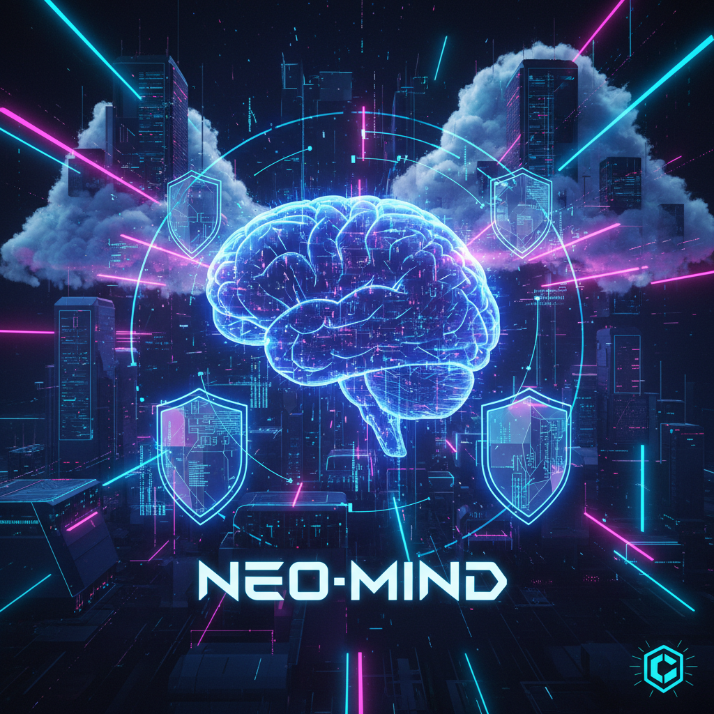 Imagen de portada con elementos futuristas: cerebro digital con conexiones de datos en tonos azules y púrpuras, símbolos de código flotando alrededor, escudos de seguridad holográficos y nubes de cómputo en estilo cyberpunk con efectos de luz neon.