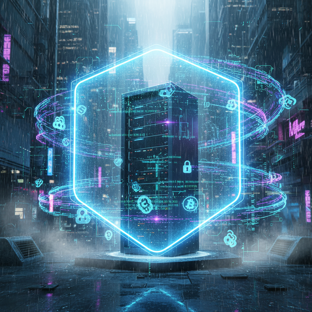 Un ciberpunk futurista con figuras de datos fluyendo alrededor de un escudo holográfico que protege un servidor central, iluminación azul eléctrica con líneas de código en movimiento y símbolos de criptografía flotantes