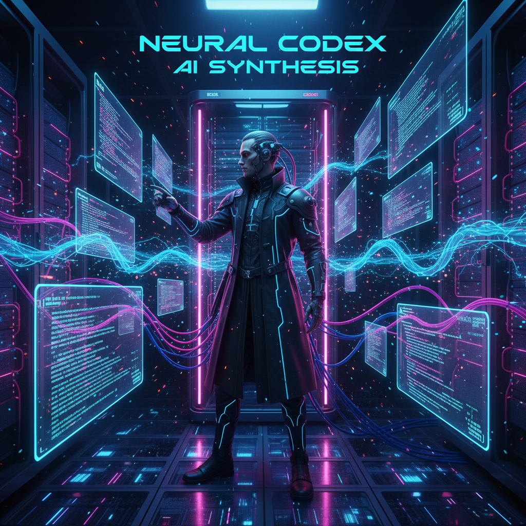 Un desarrollador interactuando con interfaces holográficas de código donde líneas de datos fluyen entre cerebro humano y servidor, con estética cyberpunk en tonos azul eléctrico y morado, representando la fusión entre programación e inteligencia artificial.