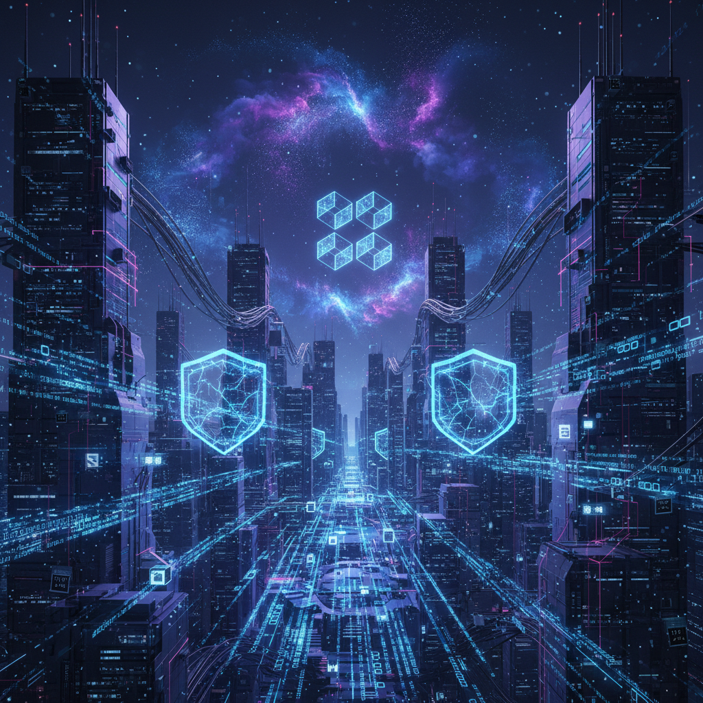 Paisaje urbano futurista con hologramas de código binario fluyendo entre torres de datos. Elementos visuales incluyen escudos de ciberseguridad, nubes computacionales en forma de nebulosas, cables luminosos conectando dispositivos IoT y un símbolo de blockchain fractal. Estilo cyberpunk con tonos azul eléctrico y púrpura oscuro, iluminación dramática y efectos de partículas digitales.