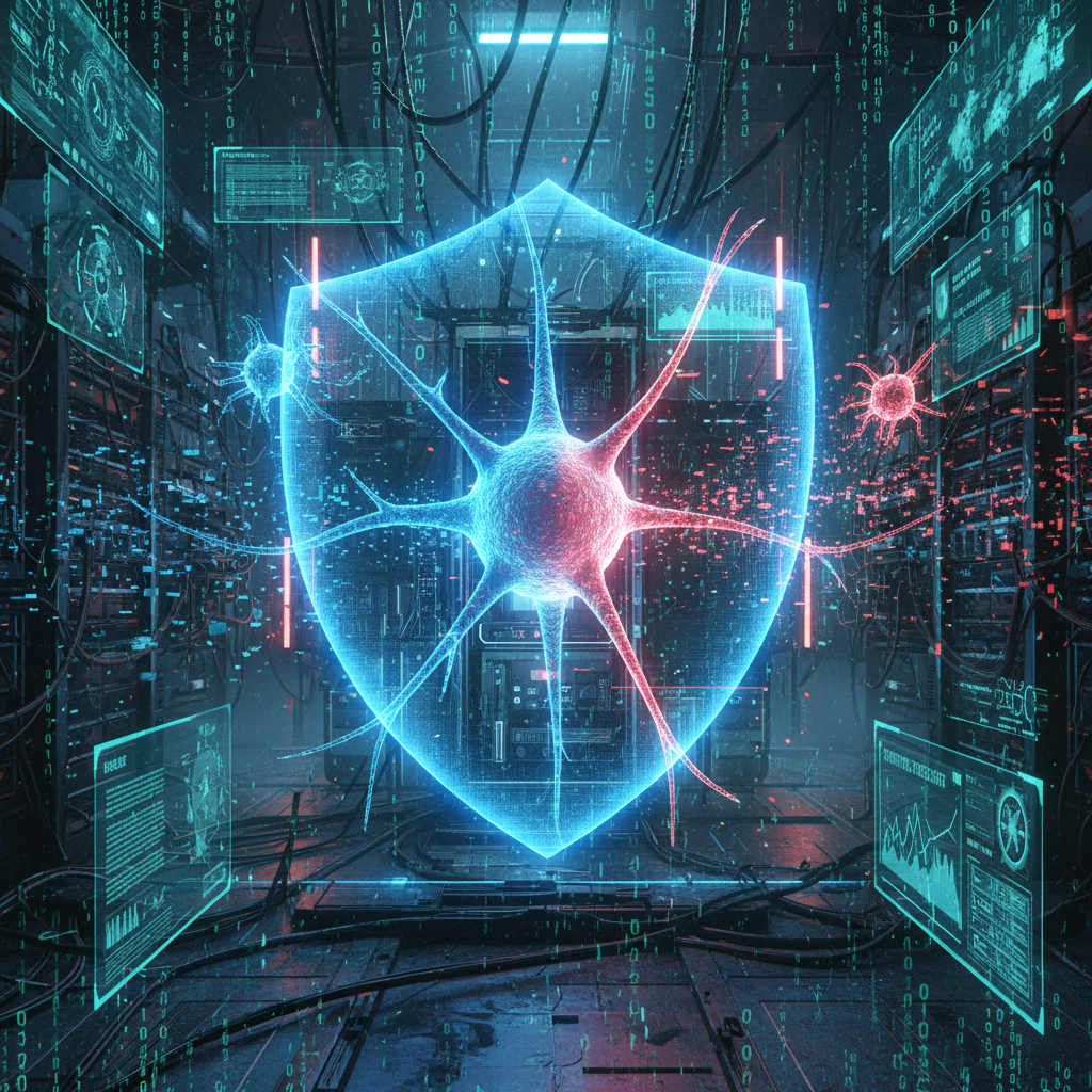 Ciberescenario futurista donde un holograma de neurona digital protege un sistema informático contra ataques visuales, con luces azules y rojas simulando flujos de datos y amenazas, estilo cyberpunk con elementos de inteligencia artificial y código binario en movimiento.