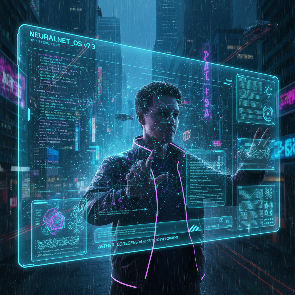 Interfaz de programación futurista con visualización de IA generada en entorno ciberpunk