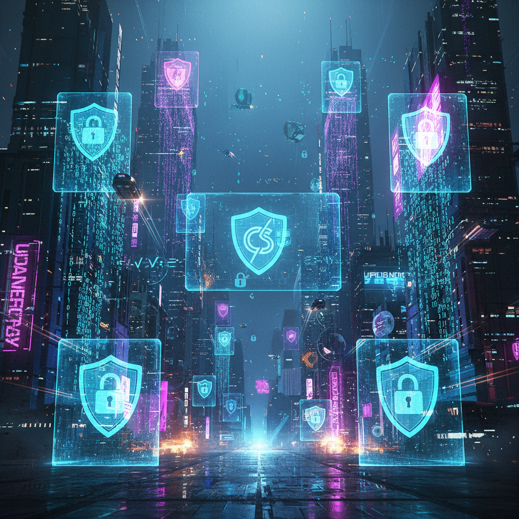 Futurista paisaje digital con escudos de seguridad cibernética brillantes, código binario fluyendo y símbolos de encriptación en un fondo de neón azul y púrpura, estilo cyberpunk con elementos holográficos