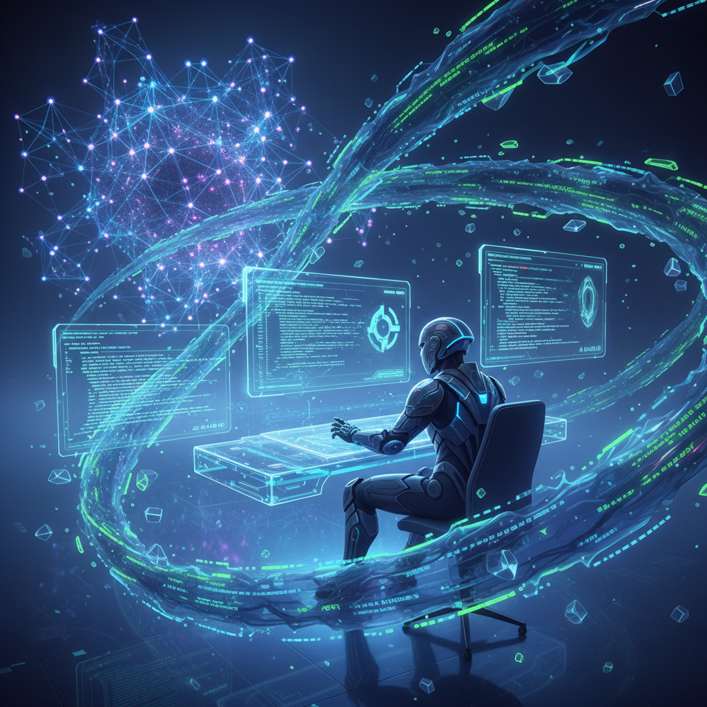 Ilustración de un desarrollador trabajando en un entorno digital con código flotante generado por IA y redes neuronales brillando en el fondo