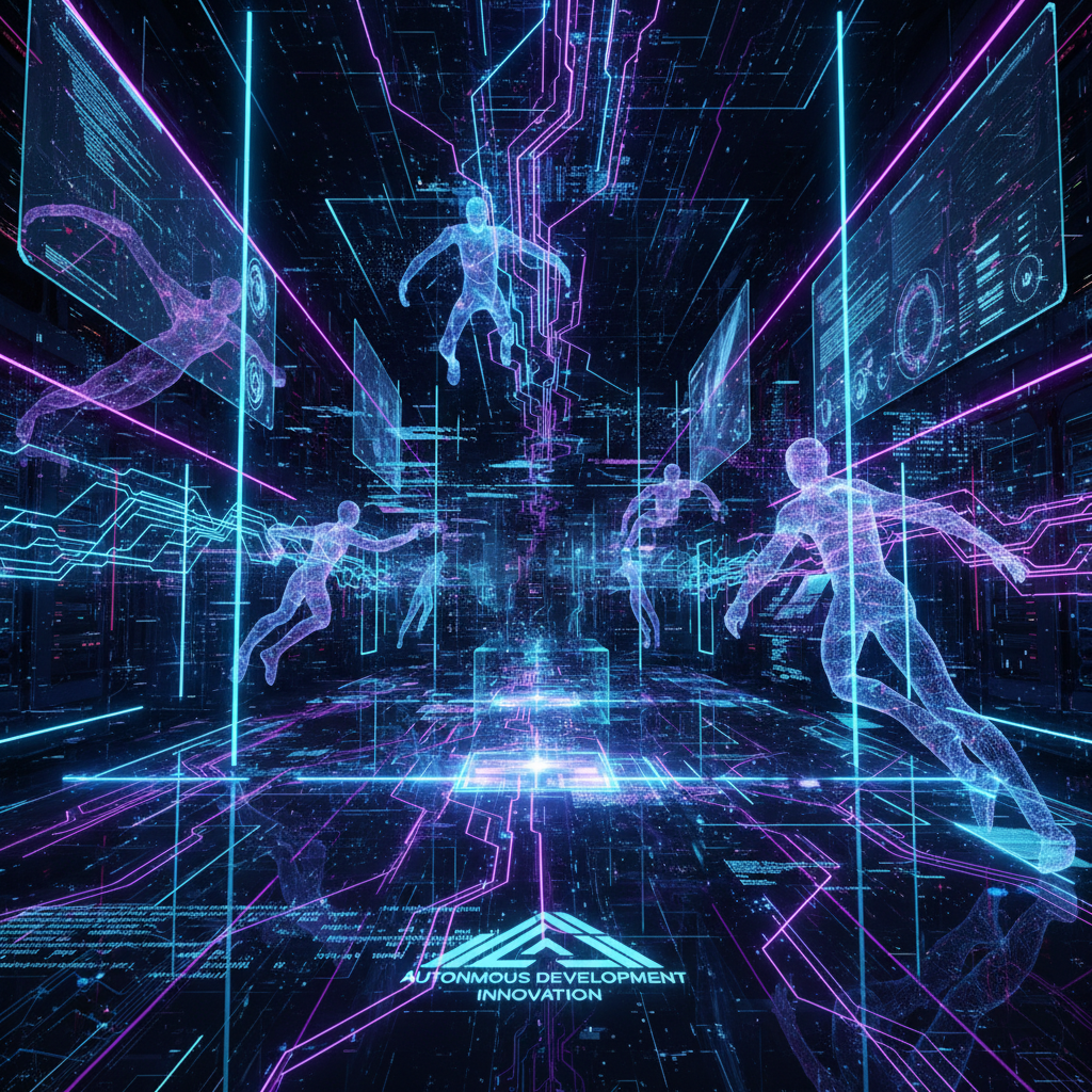 Ilustración de agentes IA autónomos en entorno digital futurista brillando con luz azul y morada
