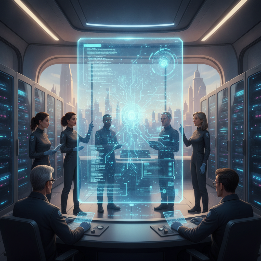Equipo de desarrolladores y arquitectos interactuando con una interfaz holográfica que visualiza un agente de IA autónomo en un entorno de desarrollo futurista.