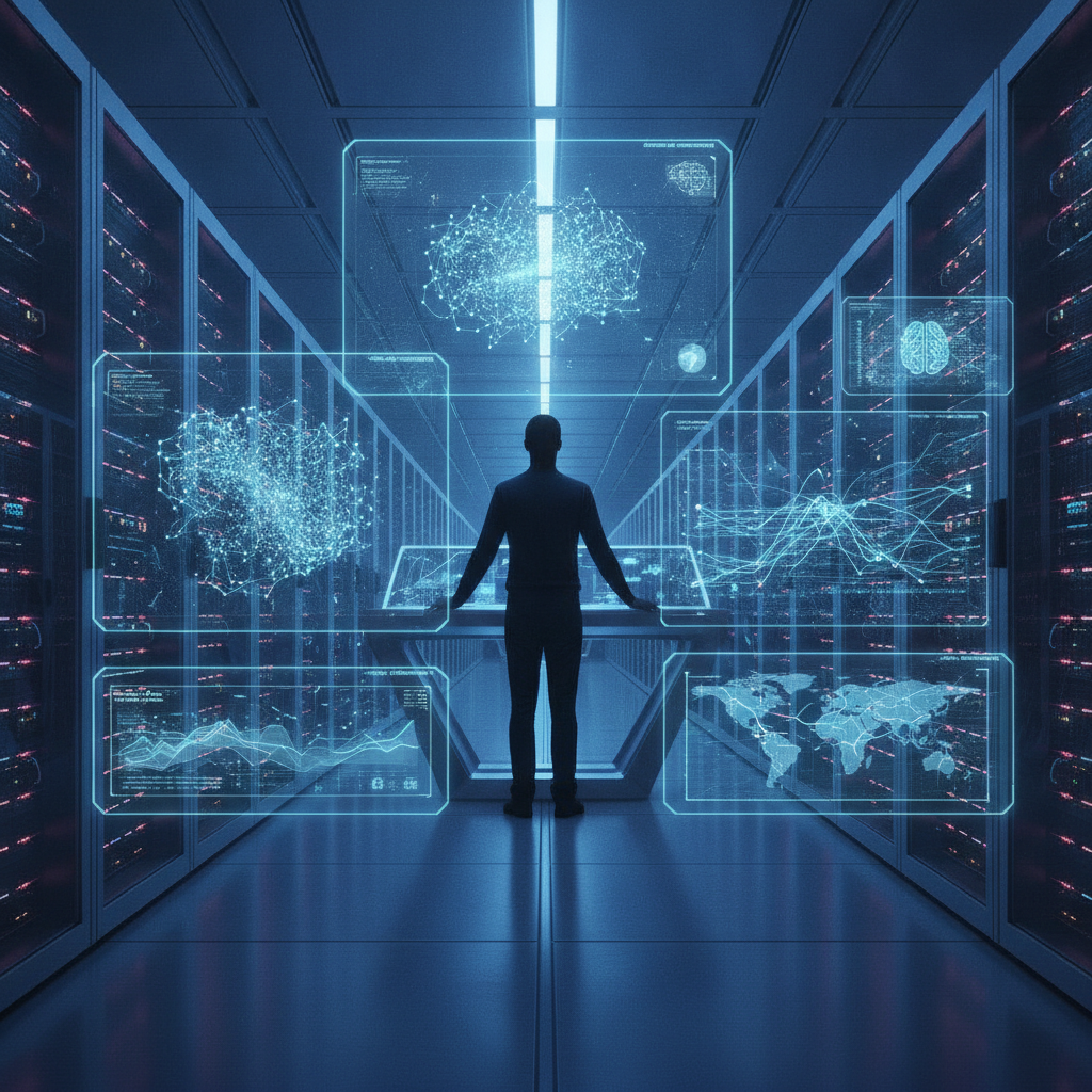 Representación futurista de agentes autónomos de IA gestionando sistemas complejos, con un desarrollador supervisando interfaces holográficas.